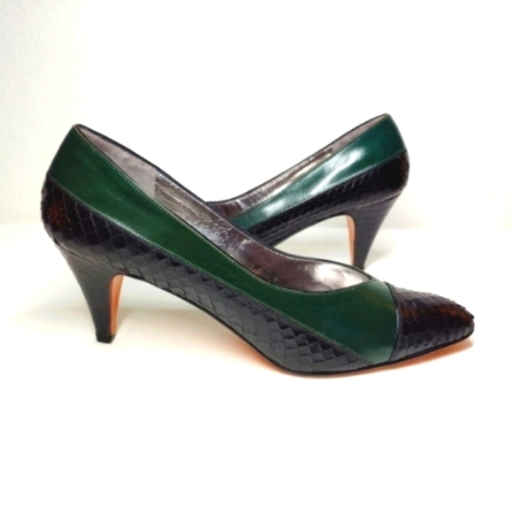 Vintage Rangoni Heels Dark Green Tuscan Calfskin Black Snake Italian Leather 7.5 - Picture 1 of 15